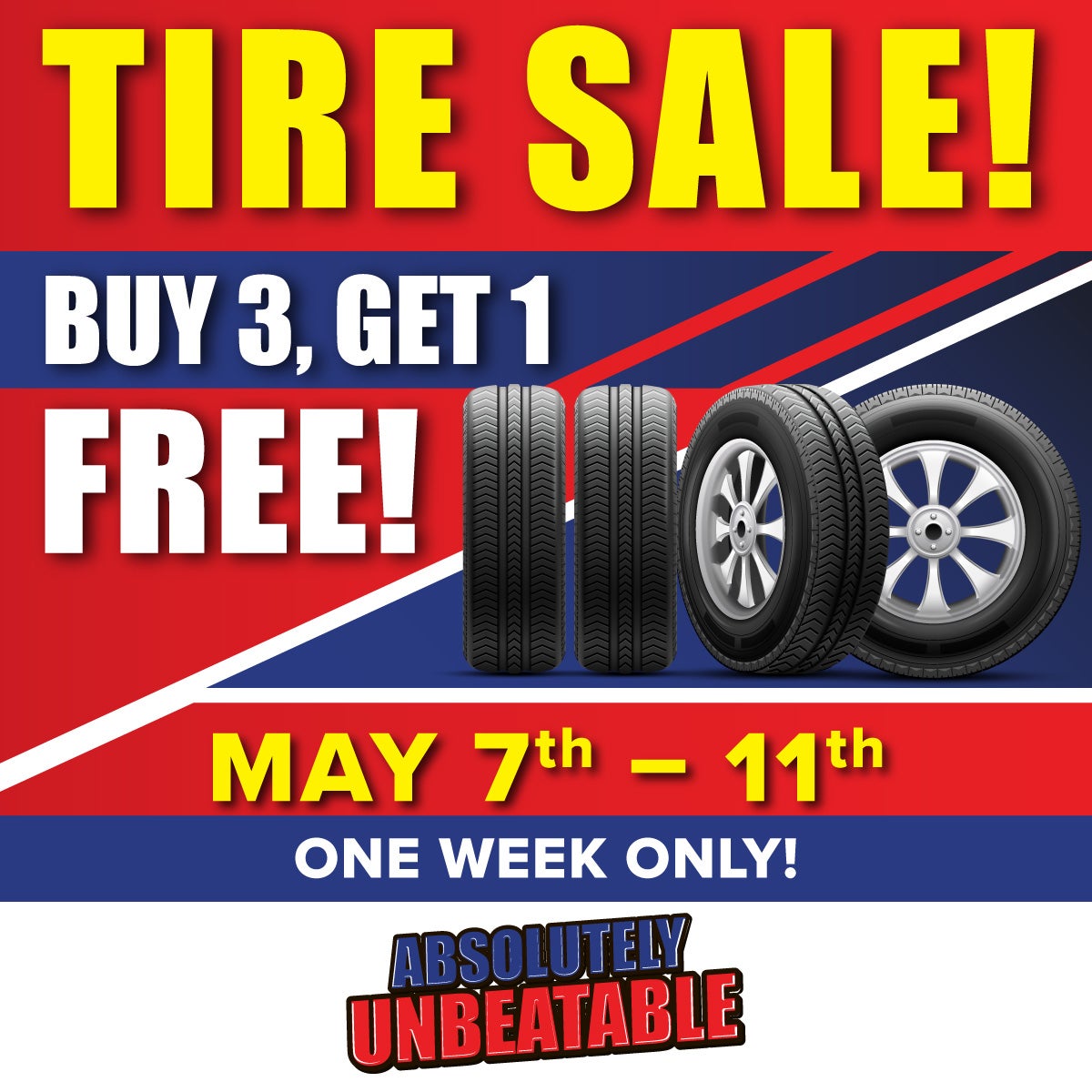 Buy 3 Get One on Tires!