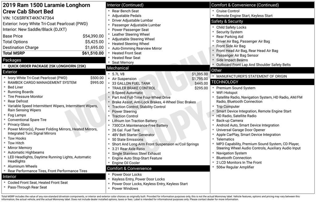 2019 RAM 1500 Longhorn Crew Cab 4x4 5'7' Box