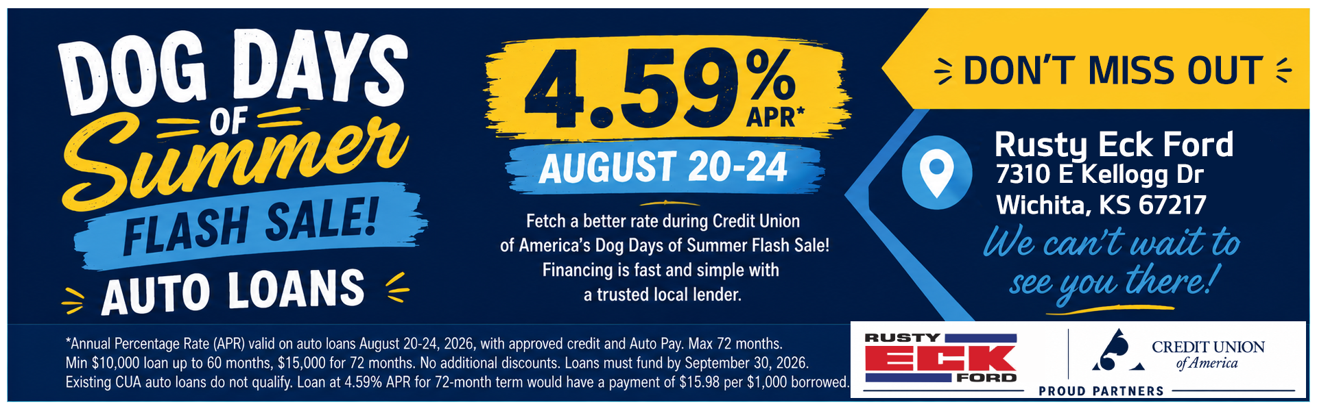 Dog Days of Summer Auto Loan Flash Sale at Rusty Eck Ford in Wichita Kansas with Credit Union of America 4.59 percent APR August 20 through 24 2026