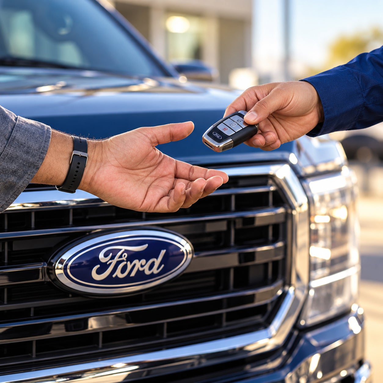 Ford dealership customer consultation and vehicle delivery