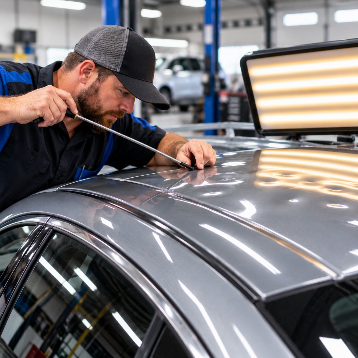 Hail dents on a vehicle being inspected for repair
